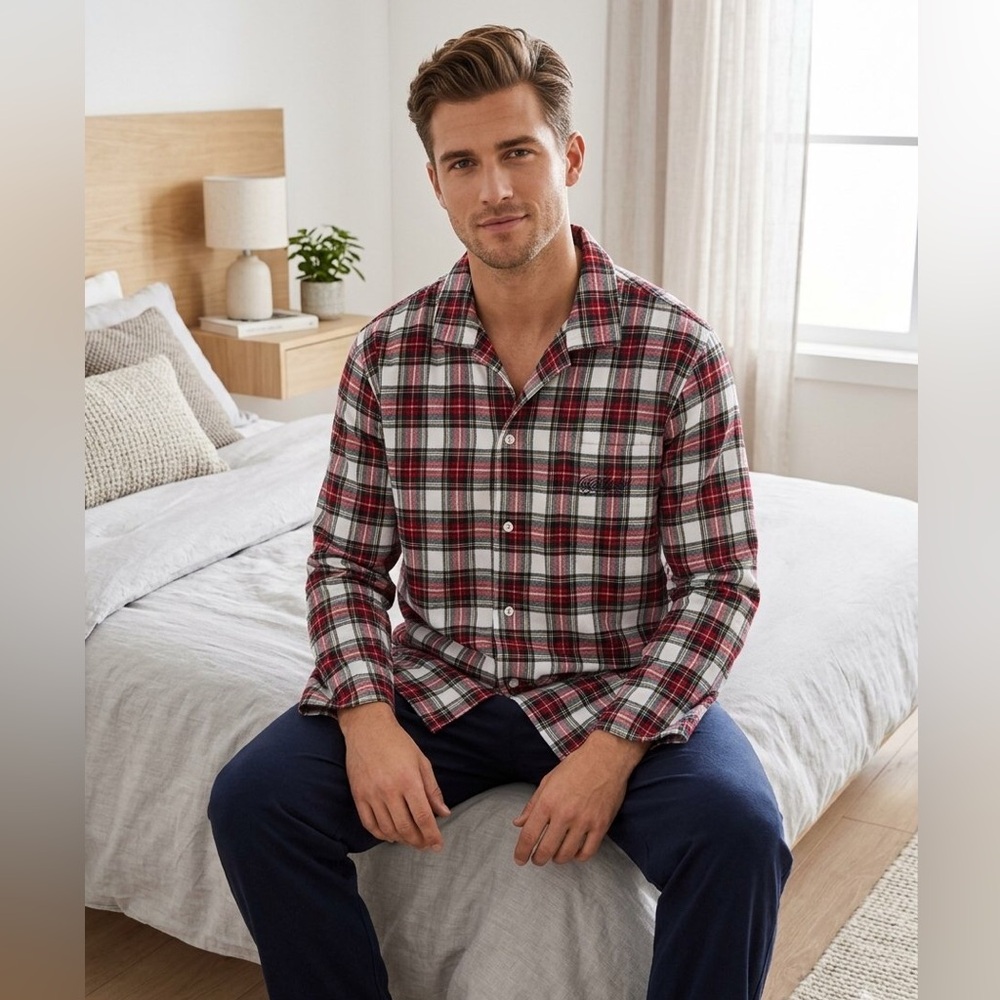Lacoste Sleepwear Plaid Red White Flannel Pajama Shirt Men’s XL Size Lounge